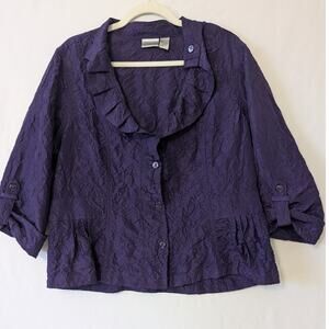 Chico's Size 3 Purple Crinkle Peplum Shirt Jacket Artsy Wimsygoth Crop Womens XL